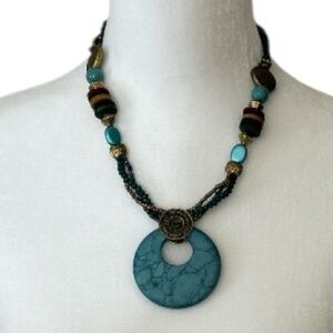 Statement Ethnic Boho Turquoise Donut Pendant Seed Beads Clasp Necklace